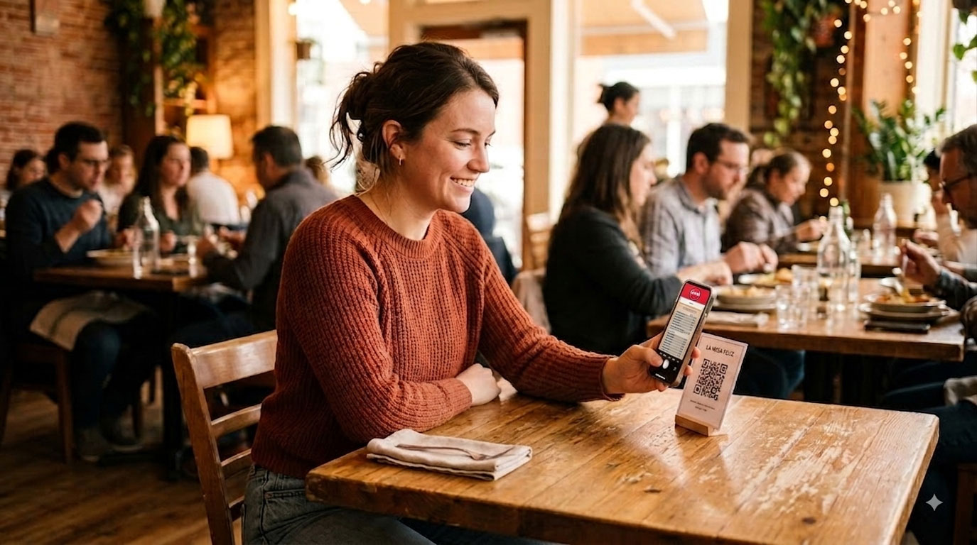 Celular mostrando la carta digital de un restaurante abierta desde el QR
