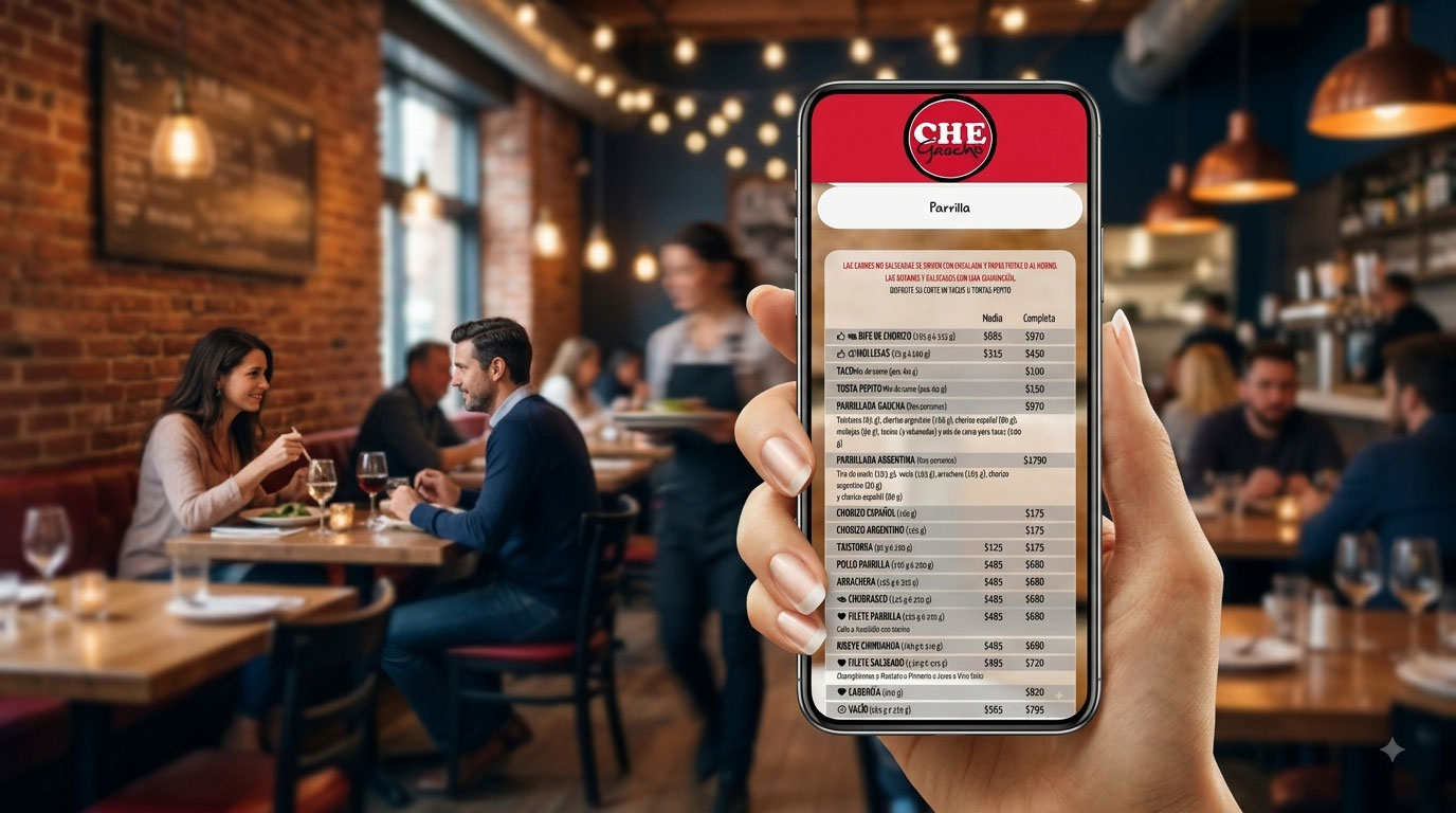 Display con el código QR del menú sobre una mesa puesta